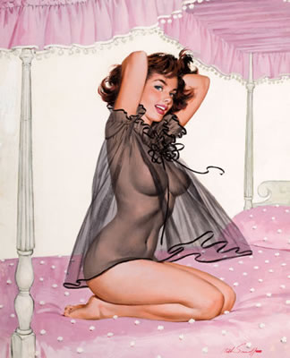 Brunette in Black Negligee in Pink Bed