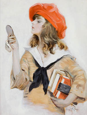 Girl in Red Beret Looking into Compact Mirror, Saturday Evening Post cover