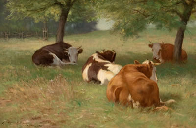 Cows in a Grassy Field by William Henry Howe - Auction record, sale price, and art valuation. Compare with similar artists and explore comparable artworks.