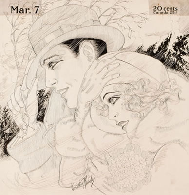 Couple in a Wind Storm, calendar illustration