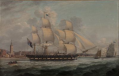 A Gun 20 Sloop Departing the Mersey with a View of Liverpool in the Distance
