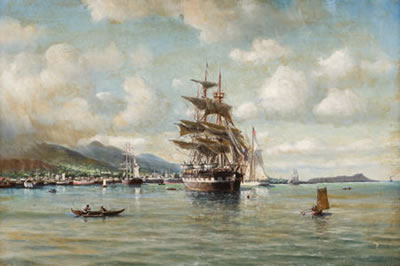 Clipper Ship in Oahu with Diamond Head in the Distance