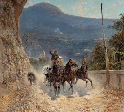 Horses and Travelers Ascending an Italian Mountain Road