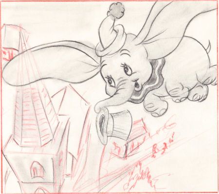 Original Walt Disney's Studio storyboard drawing of Dumbo for the classic animated feature