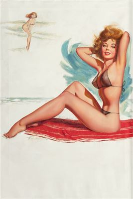 "A Swim Suit Designed for Plenty of See", Brown & Bigelow calendar illustration, July 1955 by Jerry TN Thompson - Auction record, sale price, and art valuation. Compare with similar artists and explore comparable artworks.