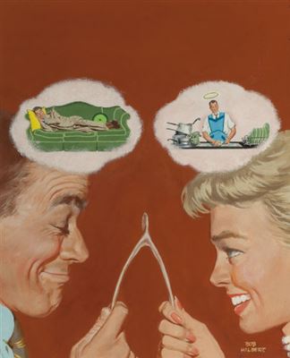 Who is Going to Do the Dishes?, The American Weekly magazine cover, November 21, 1954 by Robert Hilbert - Auction record, sale price, and art valuation. Compare with similar artists and explore comparable artworks.