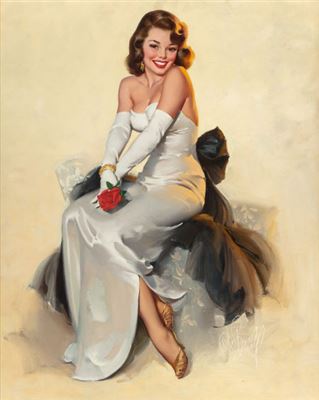 Beauty in White Dress with Rose, Brown & Bigelow calendar illustration