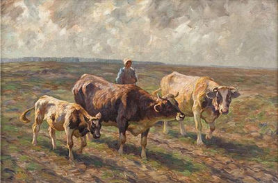 Magd mit drei Kühen auf der Weide