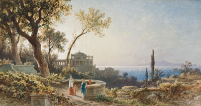 Sizilanische Küstenlandschaft mit Figurenstaffage auf einer Terrasse