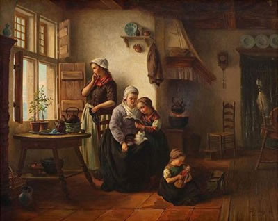 Interieur mit zwei Frauen und zwei Mädchen