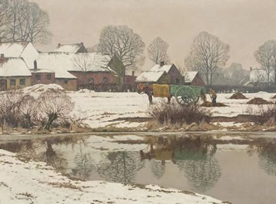 Winterlich verschneites Gehöft am Niederrhein mit Bauer auf dem Feld by Alfred Rasenberger - Auction record, sale price, and art valuation. Compare with similar artists and explore comparable artworks.