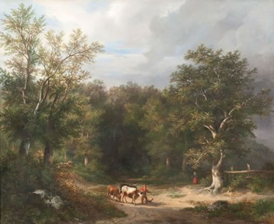 Bauer und Bäuerin mit Kühen auf einer Waldlichtung