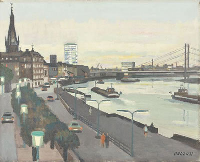 Düsseldorfer Rheinpromenade mit Blick auf die Lambertuskirche