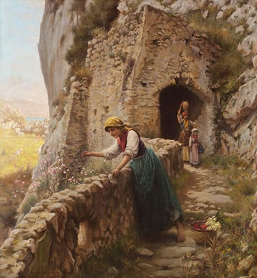 Bäuerinnen vor mediterraner Kulisse, wohl Capri.