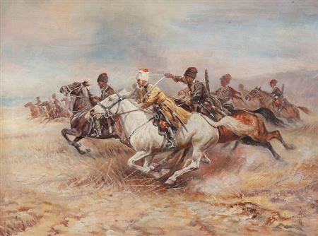 Galoppierende Kosaken im Gefecht by Athanasei Iwanowitsch Scheloumoff - Auction record, sale price, and art valuation. Compare with similar artists and explore comparable artworks.