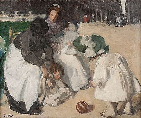 CHILDREN WOMEN WITH CHILDREN PLAYING ON A PROMENADE IN THE 'JARDIN DU LUXEMBOURG' IN PARIS