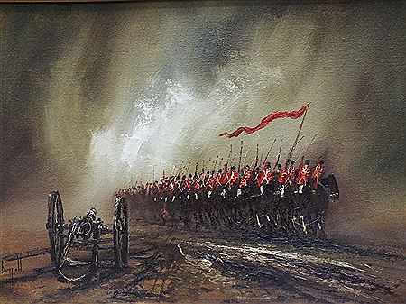 Military procession, with soldiers on horseback holding a red banner, passing a cannon by John Bampfield - Auction record, sale price, and art valuation. Compare with similar artists and explore comparable artworks.