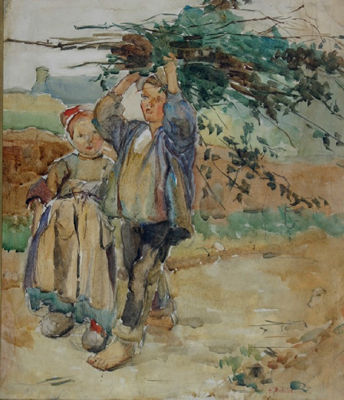 Young Dutch Girl and Boy Carrying Brush