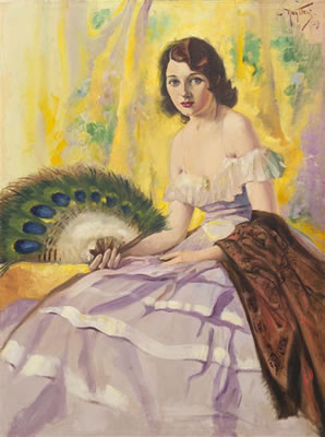 Portrait of a Lady Holding a Peacock Fan, 1929 by Josef Nuyttens - Auction record, sale price, and art valuation. Compare with similar artists and explore comparable artworks.