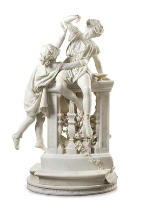 Depicting two classically draped children playing before a garden wall, the boy seated atop and the girl standing below by Donato Barcaglia - Auction record, sale price, and art valuation. Compare with similar artists and explore comparable artworks.