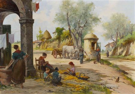 Village Scene with Children Shucking Corn