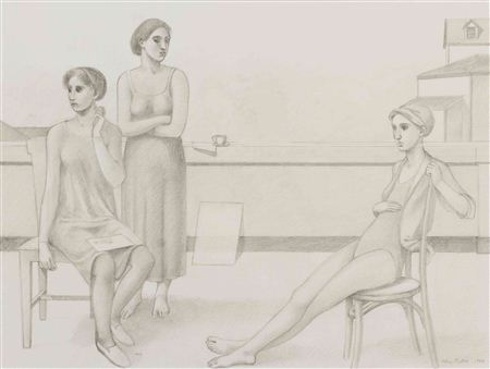 Figures on the Terrace, 1985 (acompanied by a study for the painting in pencil on paper)