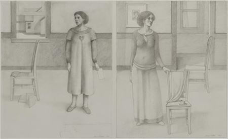 Figure in an Interior #1 and Figure in an Interior #2 (diptych), 1985, (acompanied by a study for the paintings in pencil on paper, 1984)