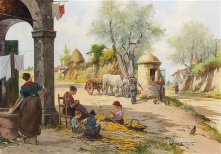 Village Scene with Children Shucking Corn