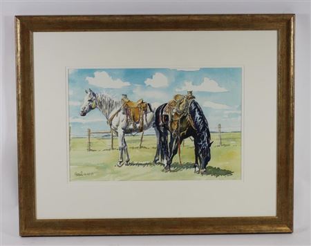 A Grey and a Dark Bay with Western Saddles in a Paddock