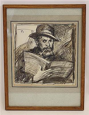 Portrait of Frank Brangwyn: Self Portrait, wearing a hat, smoking a pipe and holding a book