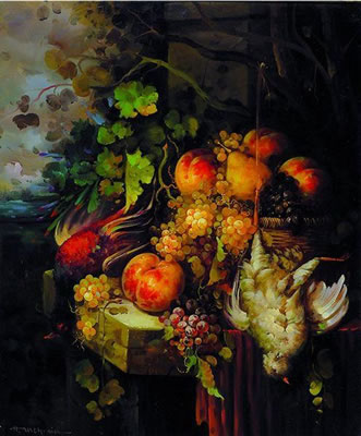 Stilleben mit Obst und Vogel