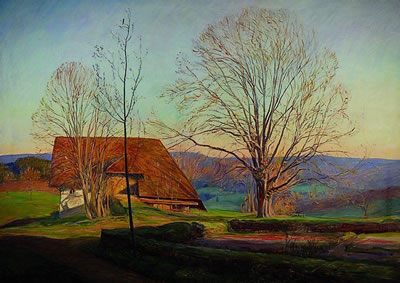 Frühlingsabend, weite Landschaft mit Bauernhaus