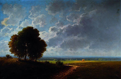 Weite sommerliche Landschaft mit Heuernteszene