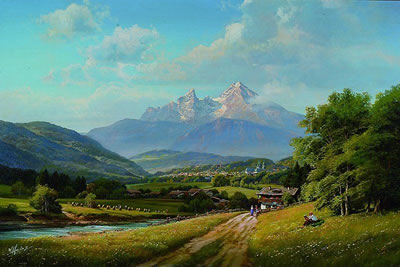 Gebirgslandschaft in Berchtesgaden, im Vordergrund Flusslandschaft mit Personenstaffage