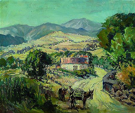 Bauer mit Pferd und Esel vor Hügellandschaft