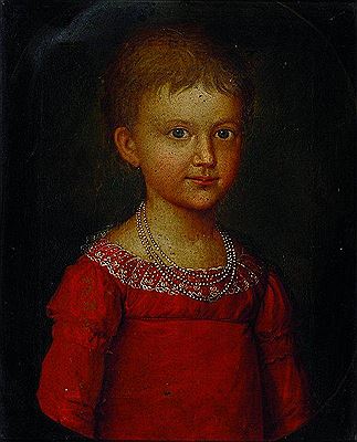 Portrait of a little girl in red dress with pearl necklace