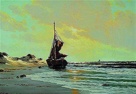 Fishing boat on the beach in the evening light