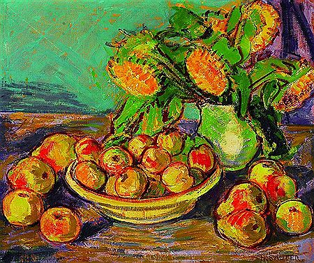 Still life with sunflowers, apples and pears