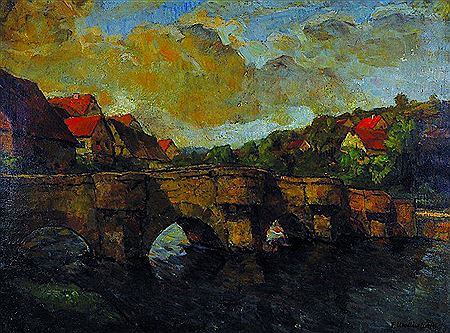 Brücke in einem Dorf, Gewitterstimmung