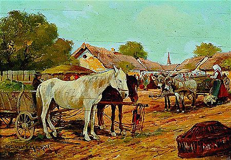 Marketplace with horse and donkey carts