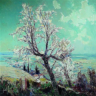 Flowering almond tree, motif near Neustadt, in the background the castle Hülsburg