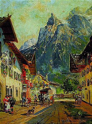 Stagecoach in a town in the Alps