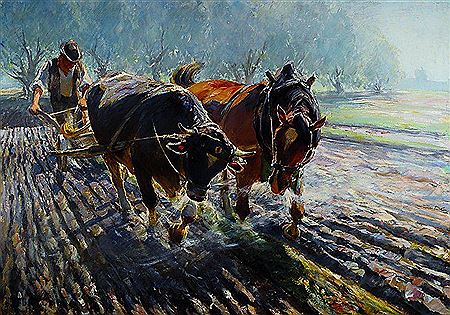 Ploughing farmer with ox and horse
