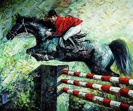 Jumpers on a black horse