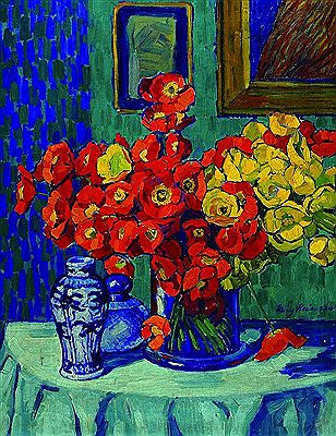 Still Life withpoppies in a vase vase on green ground