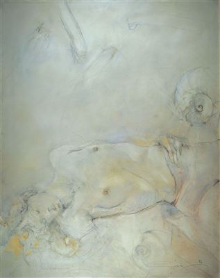 Aphrodite, eigenwillige Interpretation der Schaumgeborenen aus dem Meer, mit Konfrontation eines versteinerten Ammoniten, Anspielung auf Mythos bzw. neue Interpretation von Schönheit und Tod