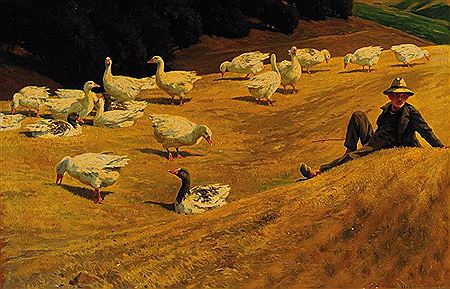 Herding boy with geese on a hill