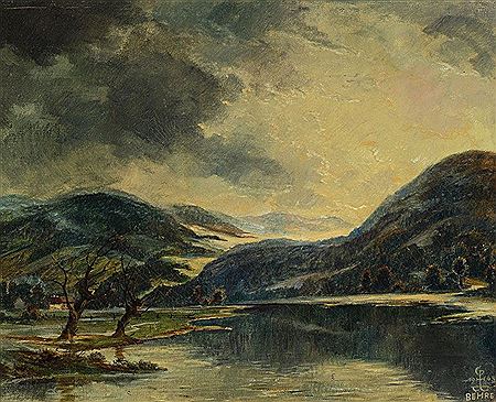 View over open river landscape with ending storm by Gustav Behre - Auction record, sale price, and art valuation. Compare with similar artists and explore comparable artworks.