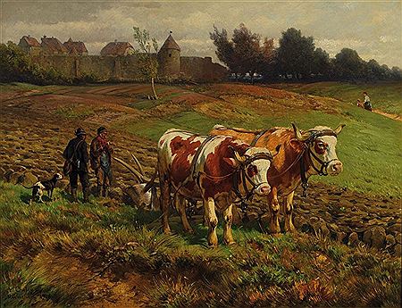 Ploughman with yoke of oxen in conversation with hunter, in the background city walls and mother with child