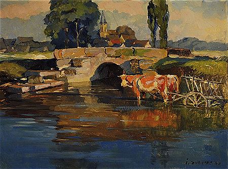 Ox Cart in Flow before stone bridge